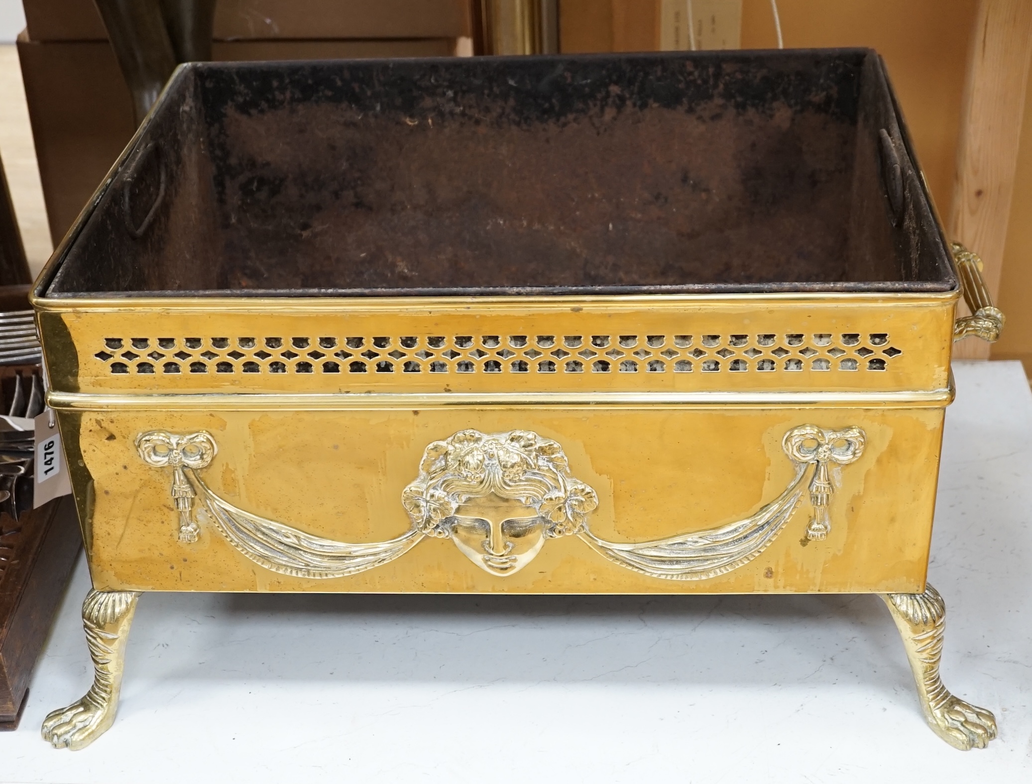 An early 20th century brass coal/log bin, 70cm wide